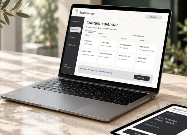 A laptop on a marble desk showing a sample monthly content calendar, with a tablet beside it
